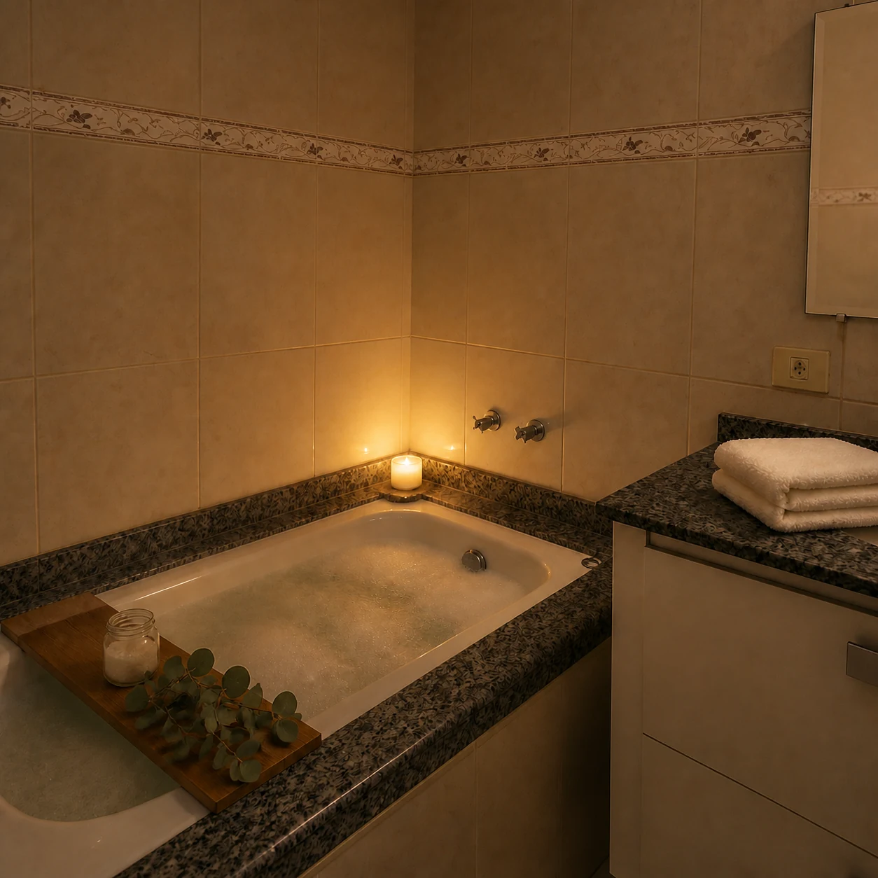 Banho de imersão preparado com iluminação quente para o Day Spa da Toque Natural