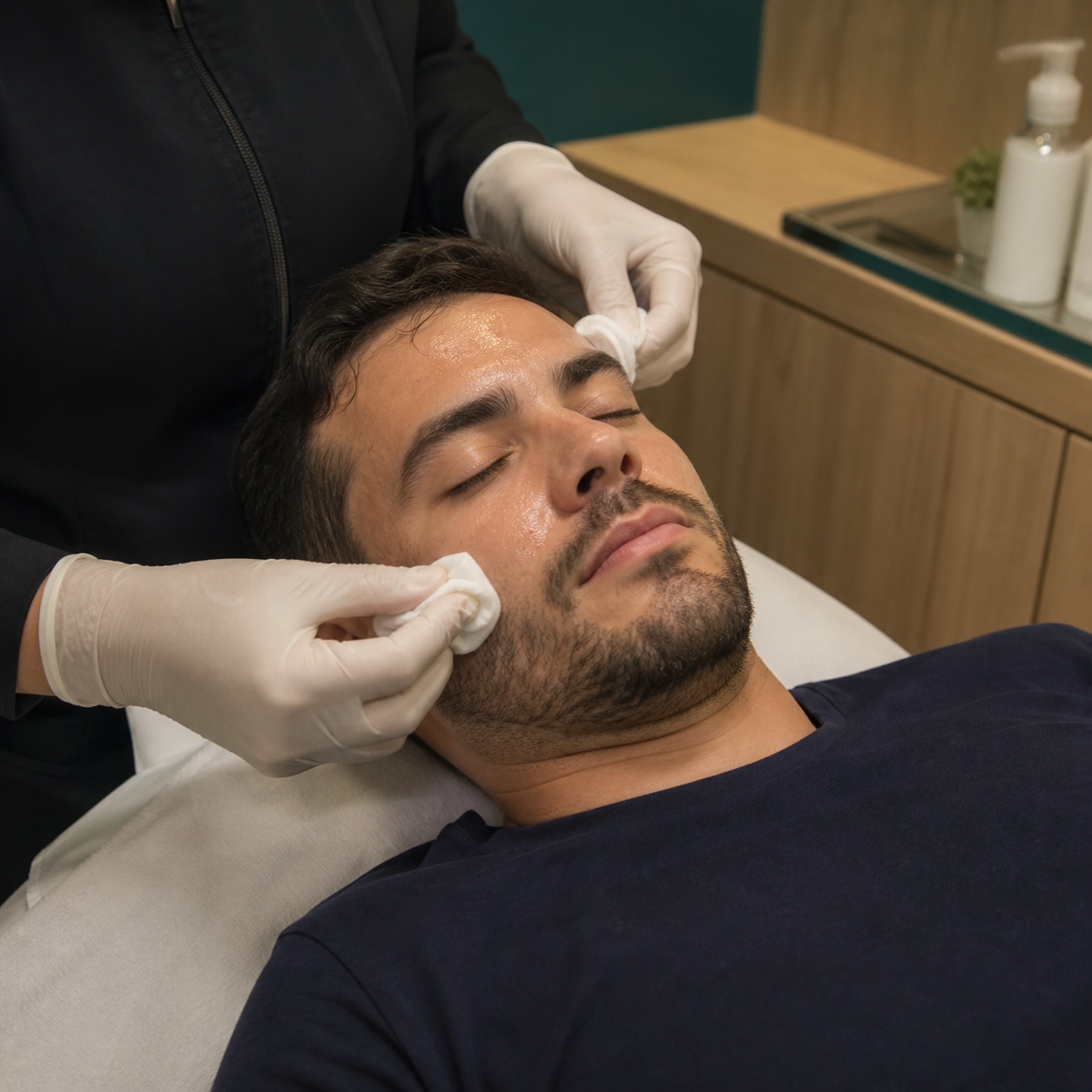Limpeza de pele masculina em ambiente profissional
