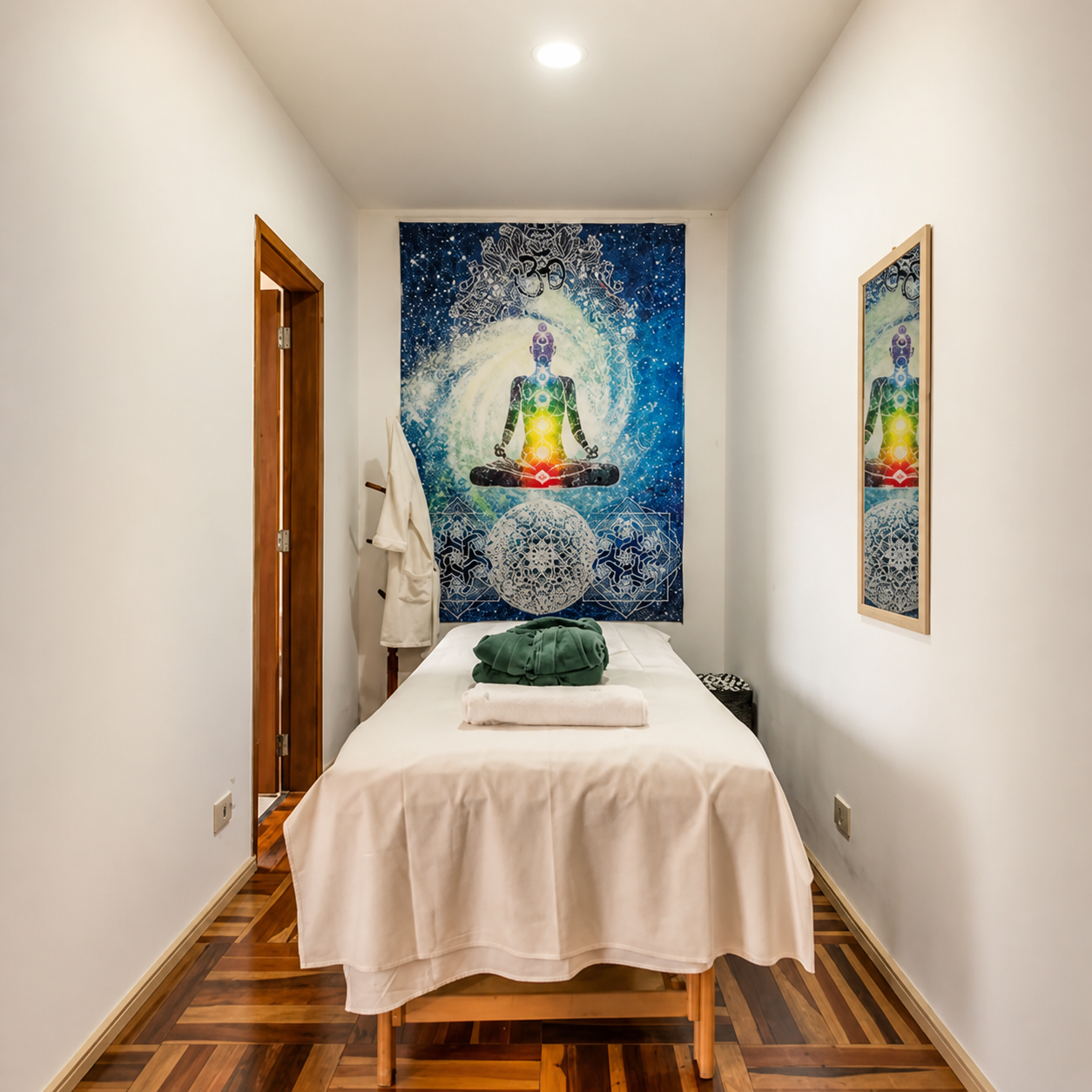 Sala de massagem com painel dos chakras