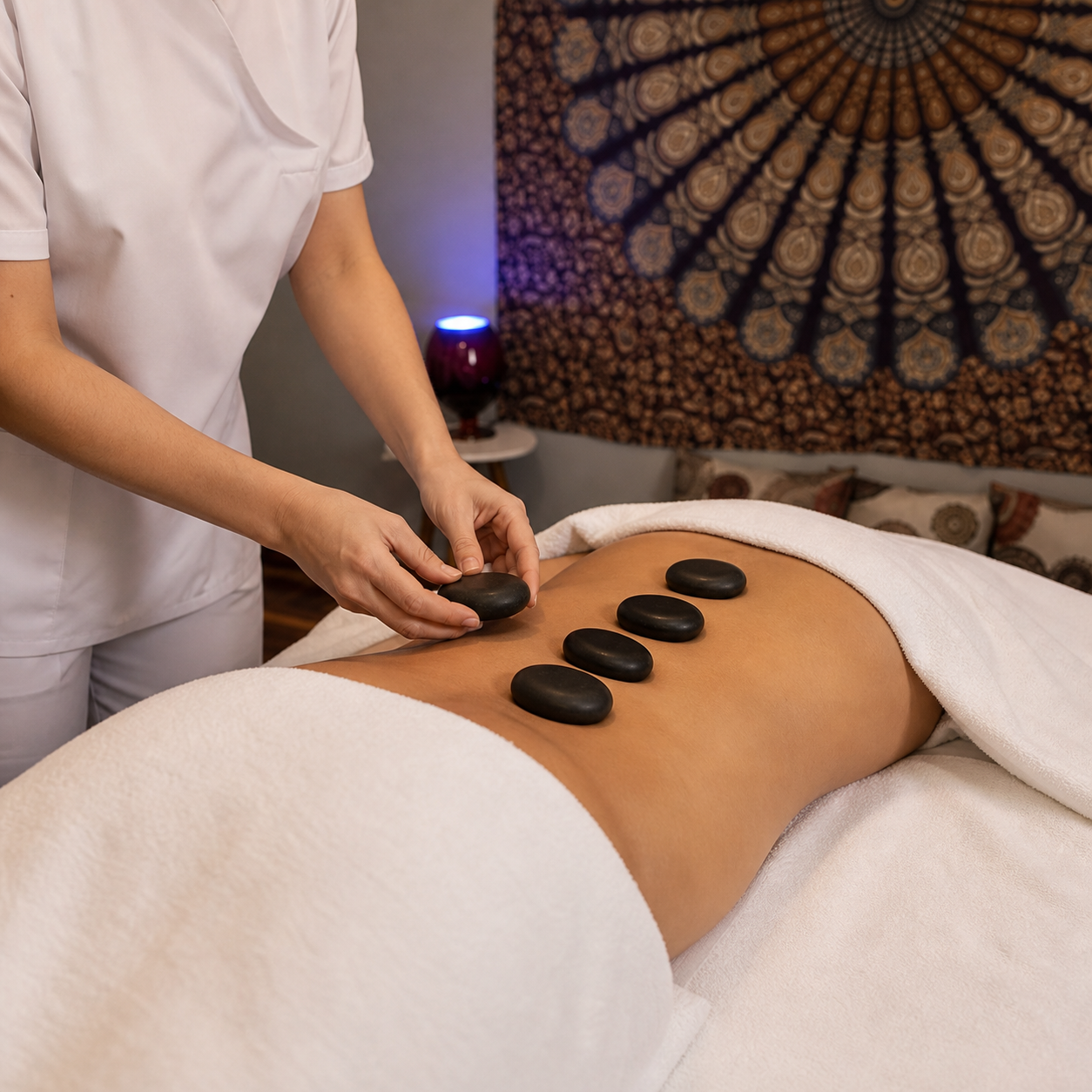 Massagem com pedras quentes realizada na Toque Natural