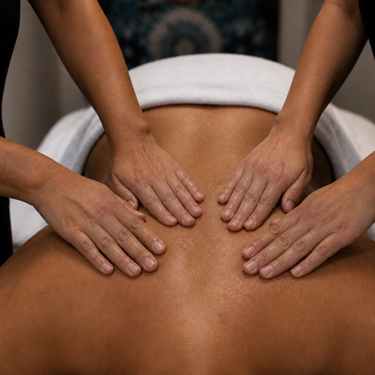 Quatro mãos realizando massagem sincronizada na Toque Natural