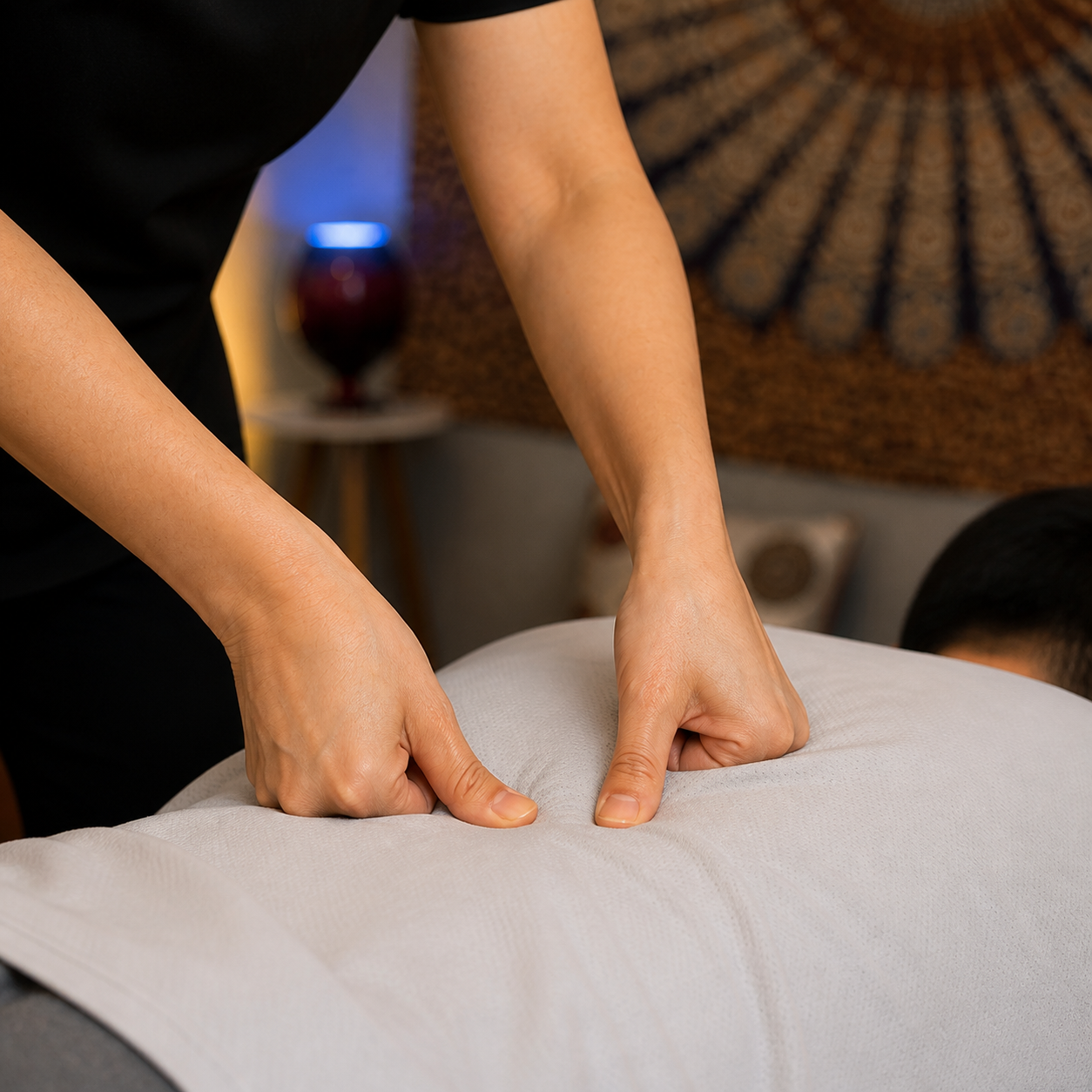 Pressão dos polegares durante sessão de Shiatsu na Toque Natural