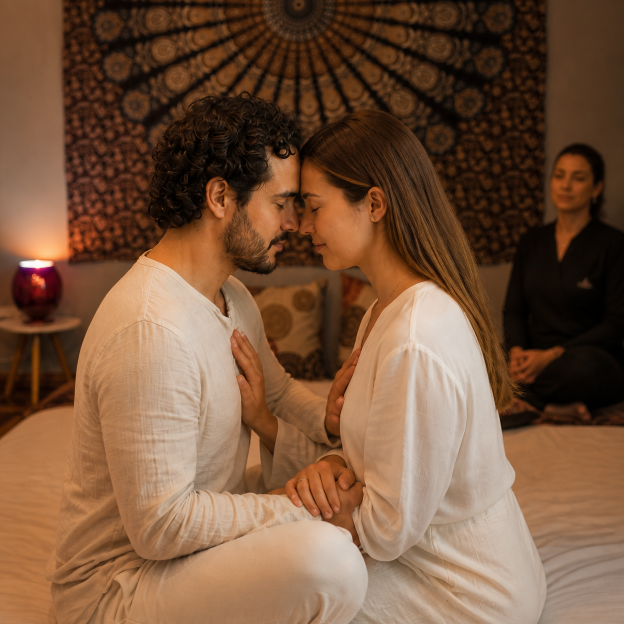 Prática de conexão para casal na sala da mandala da Toque Natural