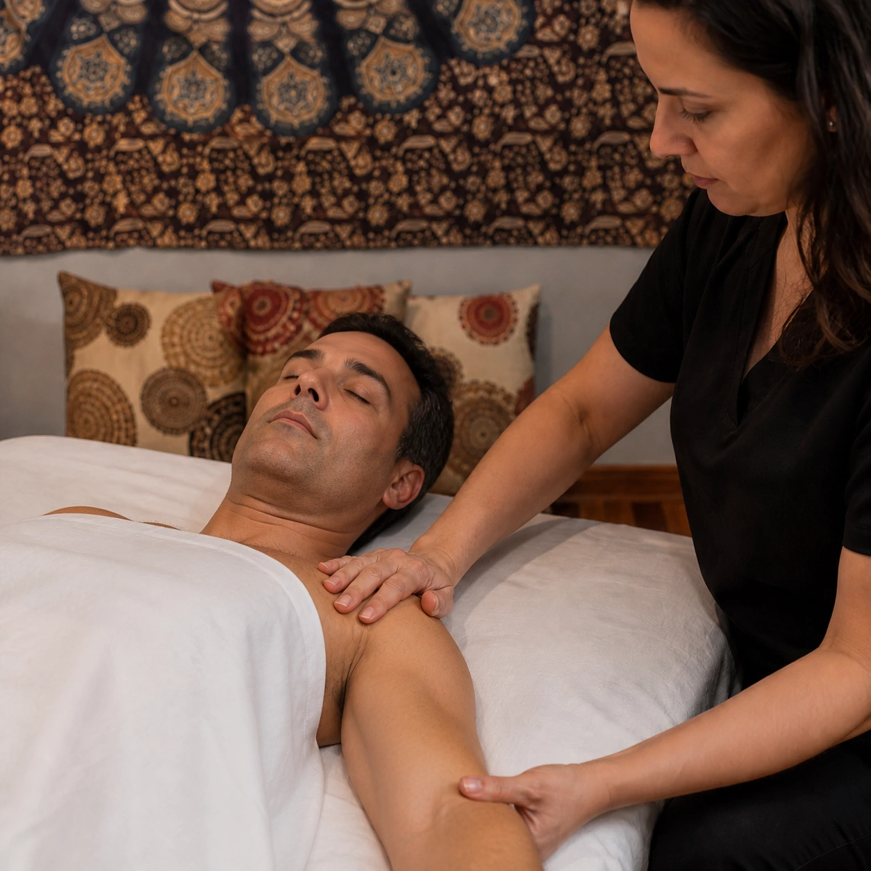 Homem recebendo massagem tântrica com toque consciente na Toque Natural