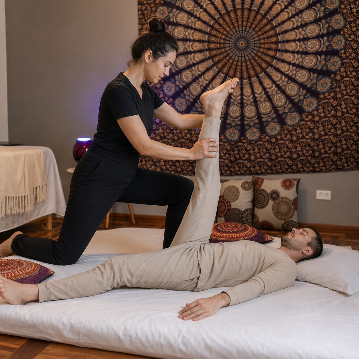 Alongamento assistido durante Thay Yoga Massagem na sala da mandala